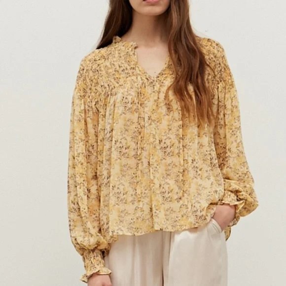 grade & gather Tops - Flowy Pale Yellow Floral Blouse with smocking